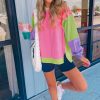 Women's Pink Colorblock Exposed Seam Crewneck Casual Sweatshirt - Image 3