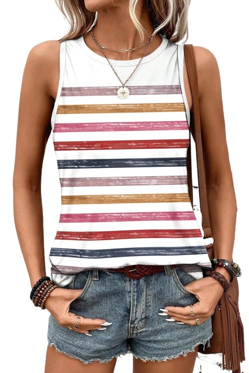 Women's Red Stripe Rainbow Sleeveless Round Neck Tank Top - Casual Summer Style