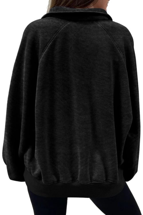 Women's Black Oversized Sweatshirt with Snap Buttons and Balloon Sleeves