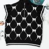 Women's Black Preppy Bow Print Zipped Collar Short Sleeve Sweater Tee - Image 5