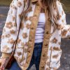 Women's Cozy Light French Beige Flower Pattern Button Up Fleece Jacket - Image 6