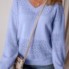 Women's Sky Blue V Neck Drop Shoulder Sweater with Eyelet Pattern Detail - Image 2