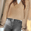 Women's Khaki Stripe Patched Edge Textured Long Sleeve Top - Casual Round Neck Design - Image 2