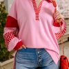 Plus Size Rose Striped Patchwork Side Split Collared Sweatshirt - Image 8