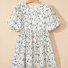 Women's Beige Floral Puff Short Sleeve Empire Waist Mini Dress for Summer - Image 8