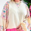 Plus Size Floral Patchwork Ribbed Puff Sleeve Top - Apricot - Image 4