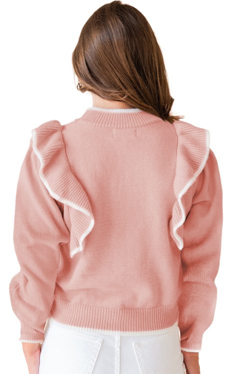 Women's Light Pink Ruffled Bowknot Long Sleeve Sweater with Ribbed Trim