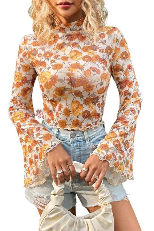 Chic Women's Orange Floral Printed Bell Sleeve Blouse with Mock Neck and Scallop Trim