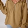 Women's Brown Fleece Lined Half Zipper Hoodie with Kangaroo Pockets - Image 6