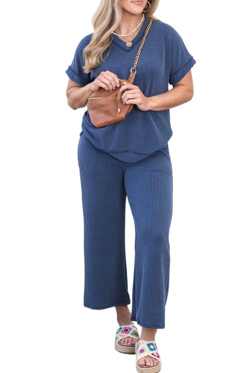 Plus Size Sail Blue Ribbed V Neck Tee and High Waist Pants Set for Women