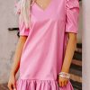 Pink Pleather Ruffled Hem Mini Dress with Bubble Sleeve and V Neck - Image 2