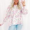 Women's Pink Floral Print Babydoll Blouse with Shirred Balloon Sleeves and Keyhole Back - Image 3