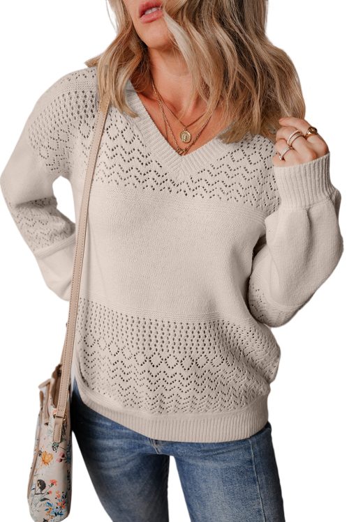 Women's Brown Eyelet Pattern V Neck Drop Shoulder Sweater - Casual Chic for Fall
