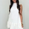 Women's White Textured Frilled High Neck Sleeveless Ruffled Mini Dress - Image 2