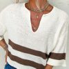 Women's Brown Striped Accent Notched V Neck Cropped Sweater T-Shirt - Image 2