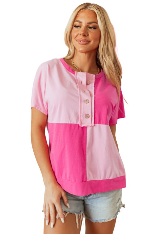 Women's Pink Two Tone Half Button Collared T-Shirt - Casual Elegance