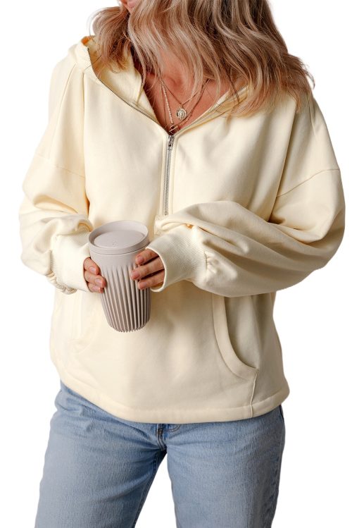 Women's Beige Fleece Lined Half Zip Pullover Hoodie