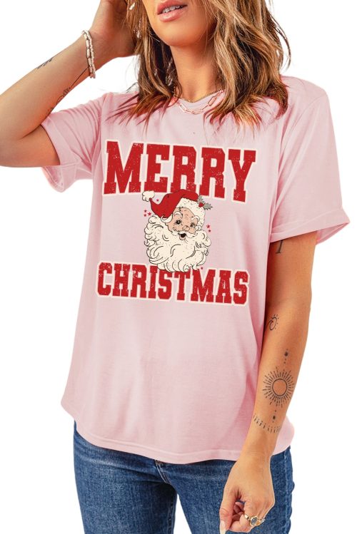 Women's Pink MERRY CHRISTMAS Santa Claus Printed Graphic T-Shirt