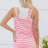 Women's Pink Stripe Knotted Strap Patched Pocket Casual Romper - Image 2