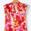 Women's Red Abstract Print Split V Neck Ruffle Short Sleeve Blouse for Summer - Image 3