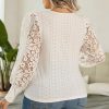 Plus Size Apricot Contrast Floral Guipure Lace Lantern Sleeve Blouse for Women - Image 2