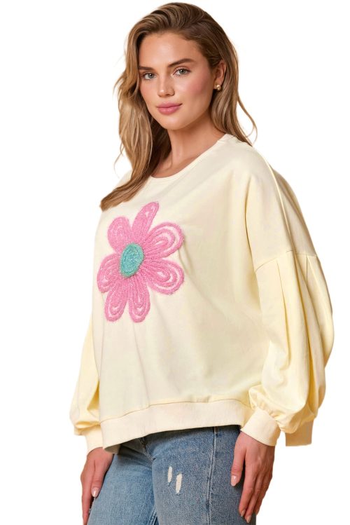 Women's Beige Tinsel Flower Dropped Puff Sleeve Sweatshirt for Fall