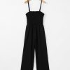 Women's Black Spaghetti Strap Shirred Bodice Wide Leg Jumpsuit with Pockets - Image 7