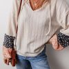 Women's Beige Floral Patchwork Textured Knit Drawstring V Neck Blouse - Image 3