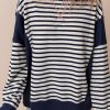 Women's White Stripe Color Block Exposed Seam Loose Fit Sweatshirt - Image 7