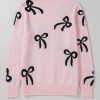 Women's Light Pink Bow Pattern Knitted Loose Fit Sweater for Casual Style - Image 11