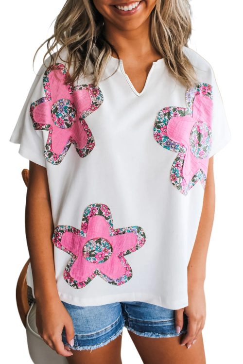 Women's White Floral Applique Notched V Neck Dolman Sleeve Top - Casual Summer Style