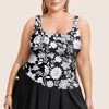 Black Plus Size Printed Square Neck Drawstring Ruffled Tankini Set for Women - Image 13