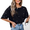 Women's Black Pearl Beaded Drop Shoulder Crewneck T-Shirt - Trendy Casual Tee - Image 19