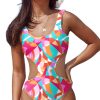 Women's Reversible Purple Abstract Geometry Print One Piece Swimsuit with Daring Cutout Design - Image 21