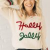 Women's Beige Tinsel Holly Jolly Graphic Sweater - Festive Christmas Knitwear - Image 4