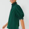 Elegant Women's Blackish Green Solid Blouse with Puff Sleeves and Frilled Trim - Image 3