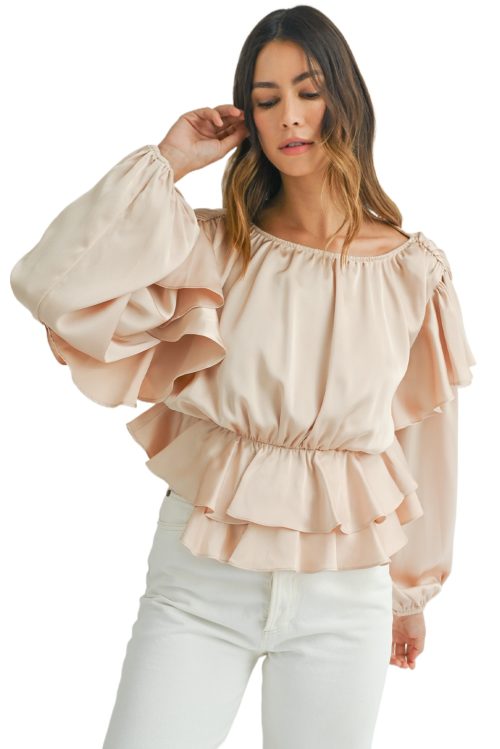 Women's Oatmeal Lace-up Keyhole Back Ruffled Peplum Blouse – Elegant Long Sleeve Top