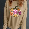 Women's Khaki Halloween Floral Pumpkin Graphic Drop Shoulder Sweatshirt - Image 6
