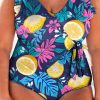 Women's Plus Size Blue Printed V Neck Wrap Knot Ruffled One Piece Swimwear - Image 12