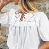 Women's White Embroidered Lace Patchwork Tie Neck Puff Short Sleeve Blouse - Image 15