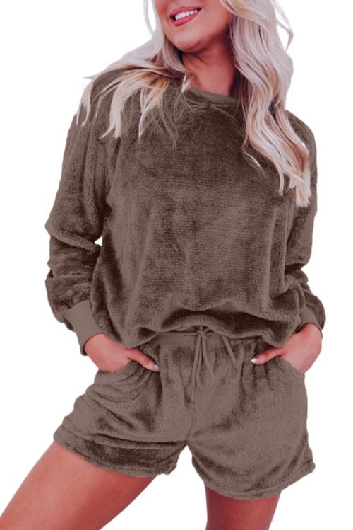 Women's Coffee Solid Fleece Lounge Set 2 Piece Loose Fit Set