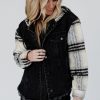 Women's Black Plaid Sleeve Hooded Denim Jacket - Stylish Fall Outerwear - Image 12