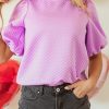 Women's Phalaenopsis Solid Textured O Neck Puff Sleeve Blouse - Casual Elegance for Every Occasion - Image 7