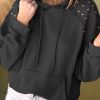 Women's Black Solid Color Rivet Stud Hoodie with Pocket - Image 2