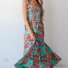 Women's Green Abstract Print Smocked Bodice Knotted Straps Ruffled Maxi Dress - Elegant Bohemian Style - Image 14