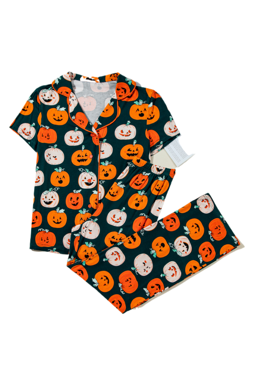 Women's Orange Halloween Pattern Short Sleeve Pajama Lounge Set