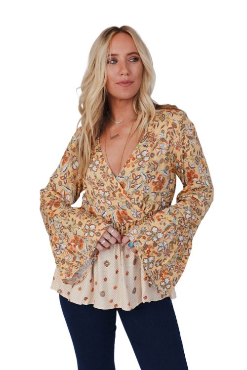 Women's Yellow Floral Bell Sleeve V Neck Wrapped Contrast Peplum Blouse