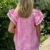 Women's Pink Abstract Print Flutter Sleeve Notch V Neck Blouse with Ric Rac Trim - Image 2