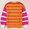 Women's Vibrant Orange Stripe Colorblock Crew Neck Drop Shoulder Loose Sweater - Image 5