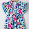 Plus Size Women's Blue Floral Flutter Sleeve Blouse with Tied Notched Neck - Image 7